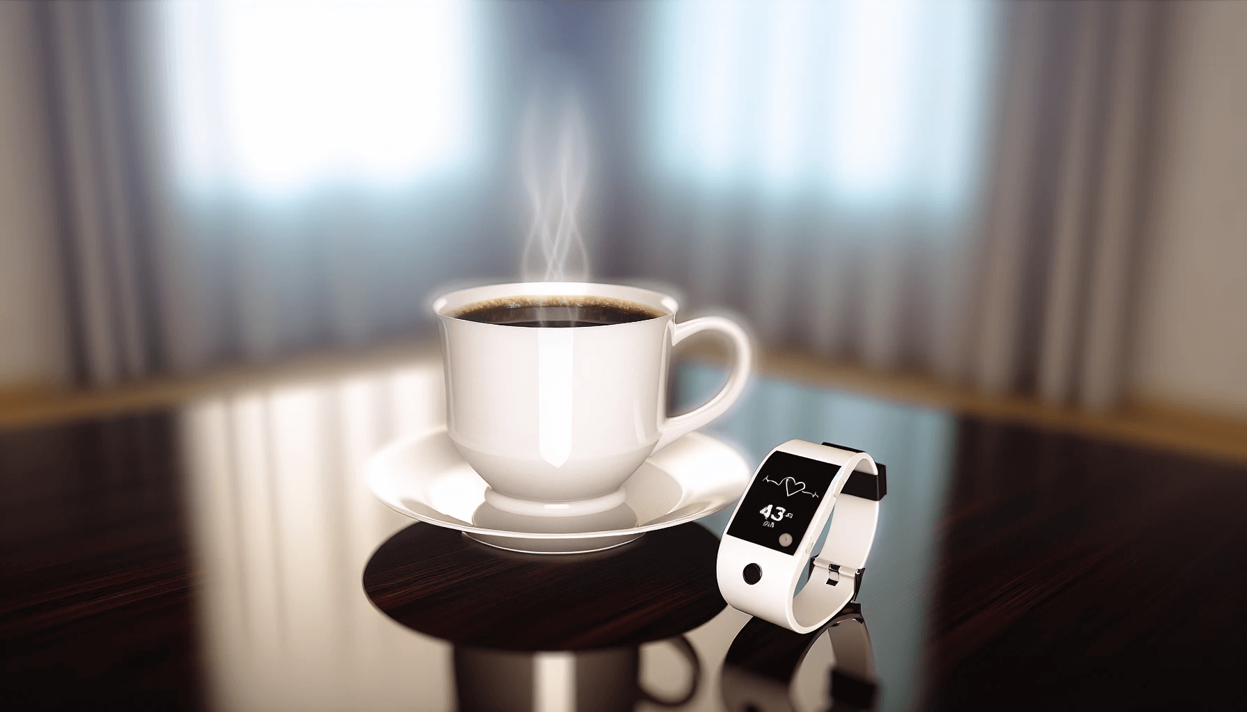 Photo of a cup of coffee and a heart rate monitor