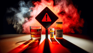 Illustration of a warning sign and a glass of alcohol with a medication bottle to represent the dangers of combining alcohol and Eliquis