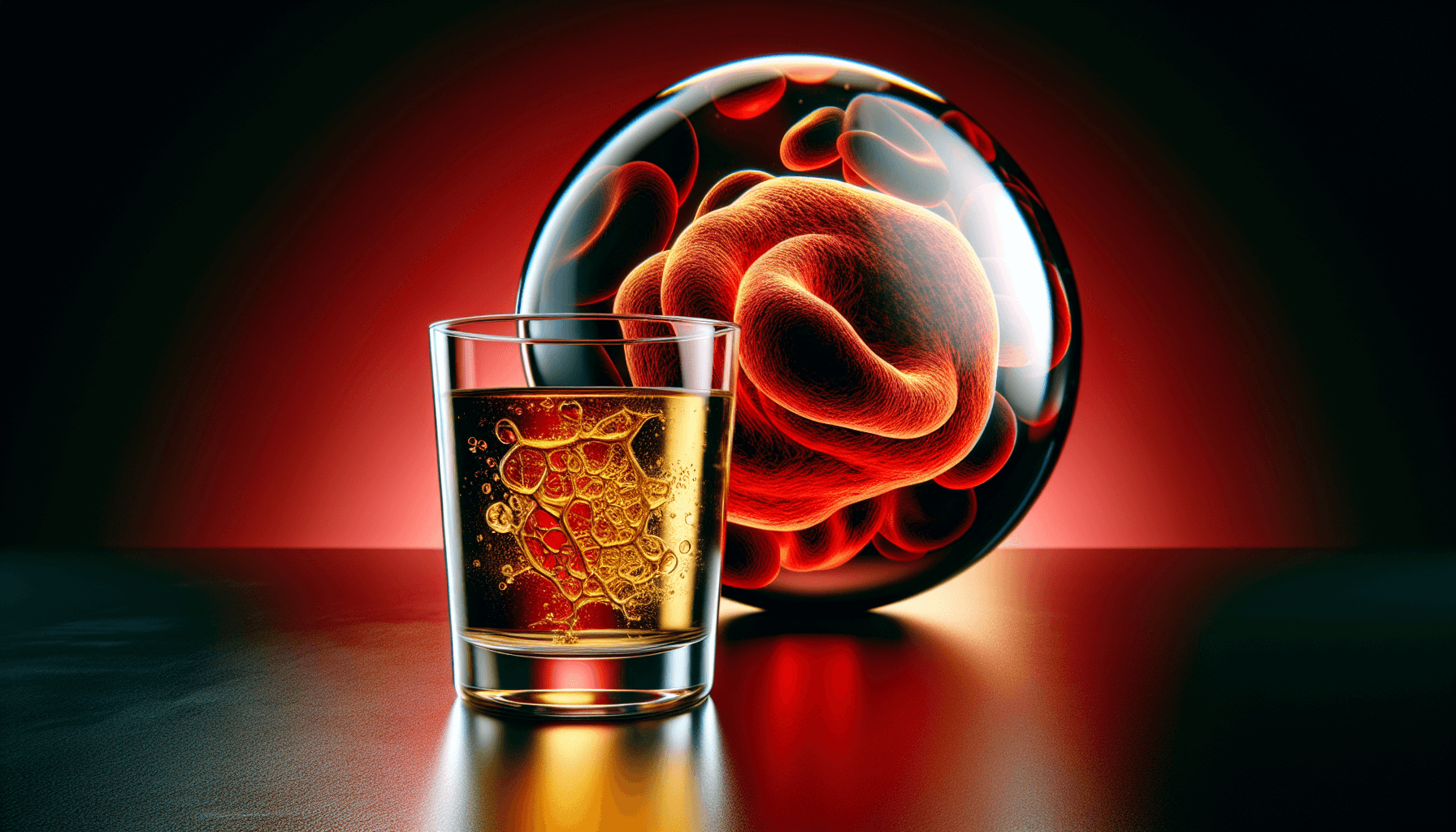 Illustration of a glass of alcohol and a blood clot to represent the impact of alcohol on blood clotting