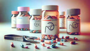 Ilustración de frascos de pastillas y medicamentos.